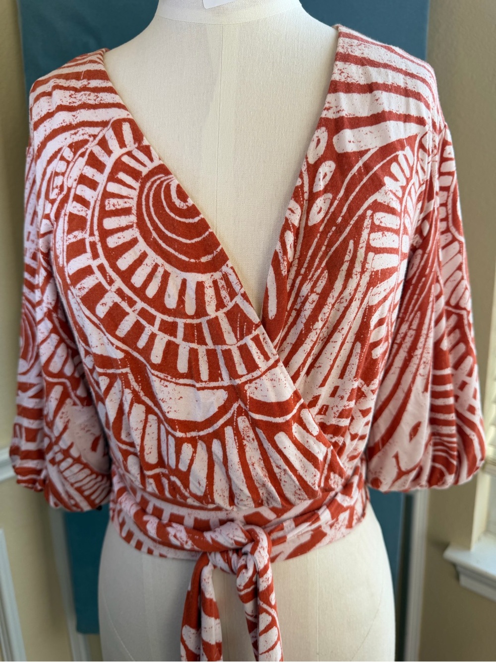 Anthropologie Rust and White Printed Wrap Blouse